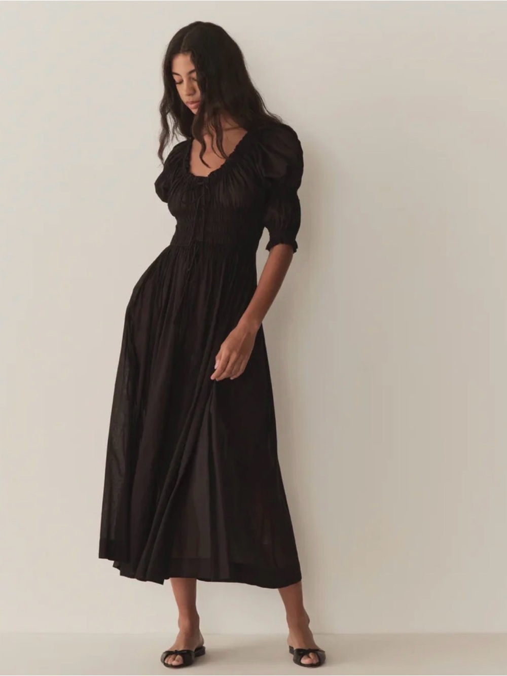 NWT DÔEN Ischia Poplin Dress Black Size S Smocked Maxi $348
